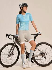 Exploreva Top de ciclismo casual y versátil para mujer con cremallera y manga corta - Colores Pastel - Ver 3
