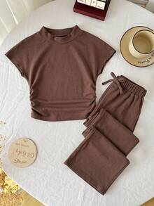 SHEIN Young Girls Solid Coffee Textured Mock Neck Snug Fit Top & Wide Leg Pant 2 Pieces Set,Summer Matching Family Vacation,Mom Daughter & Sisters Style - Brown - View 5