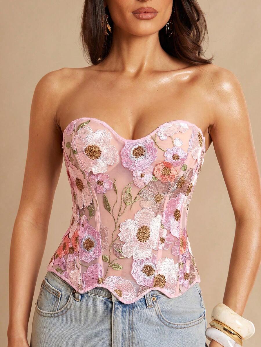 Silquee This Pink Color-Blocked Floral Embroidered Mesh Strapless Top Is Elegant And Sexy, Featuring An Adjustable Back Bra. Suitable For Nightclubs, Commutin - Baby Pink - View 1