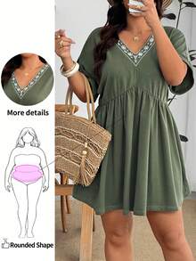 Enliva Plus Size Women's V-Neck Embroidered Casual Washed Short Sleeve Dress, Suitable For Daily, Commuting, And Vacation Wear - Multicolor - View 1