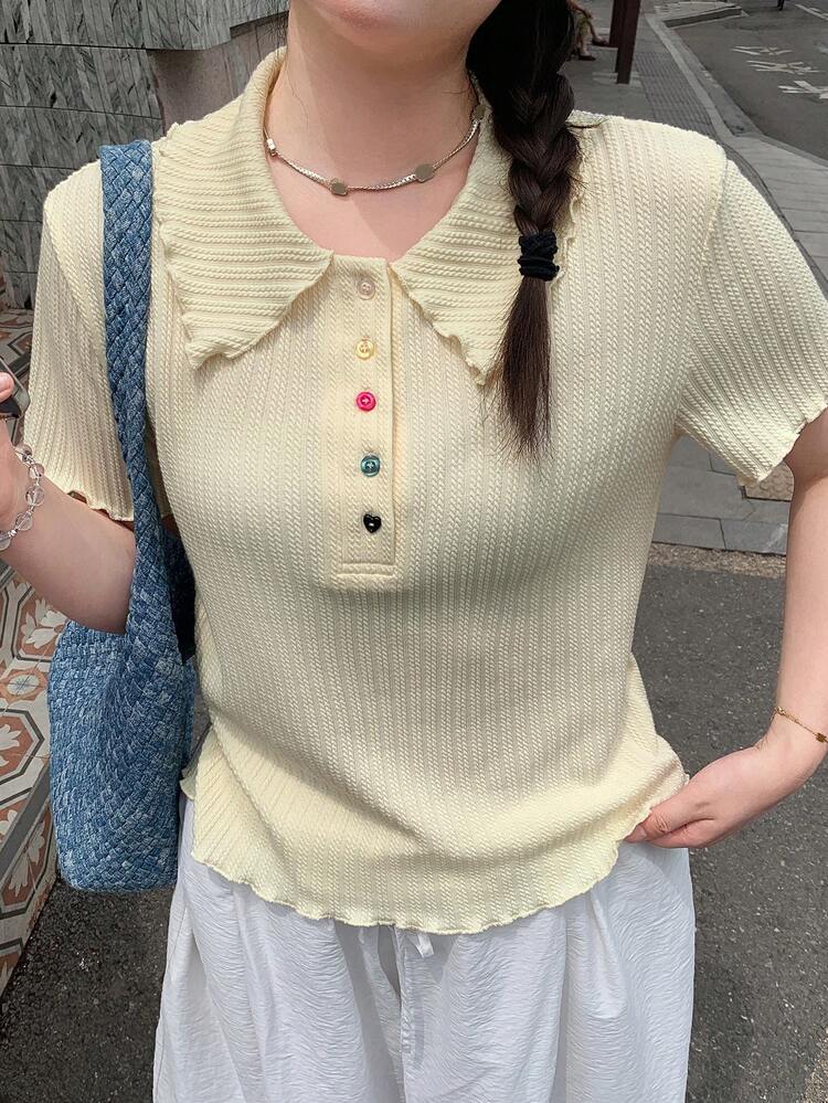 Dazy Plus Peter Pan Collar Half-Open Front Knit Colorful Button Casual Fitted Short Sleeve Plus Size Women's Spring/Summer Apricot T-Shirt