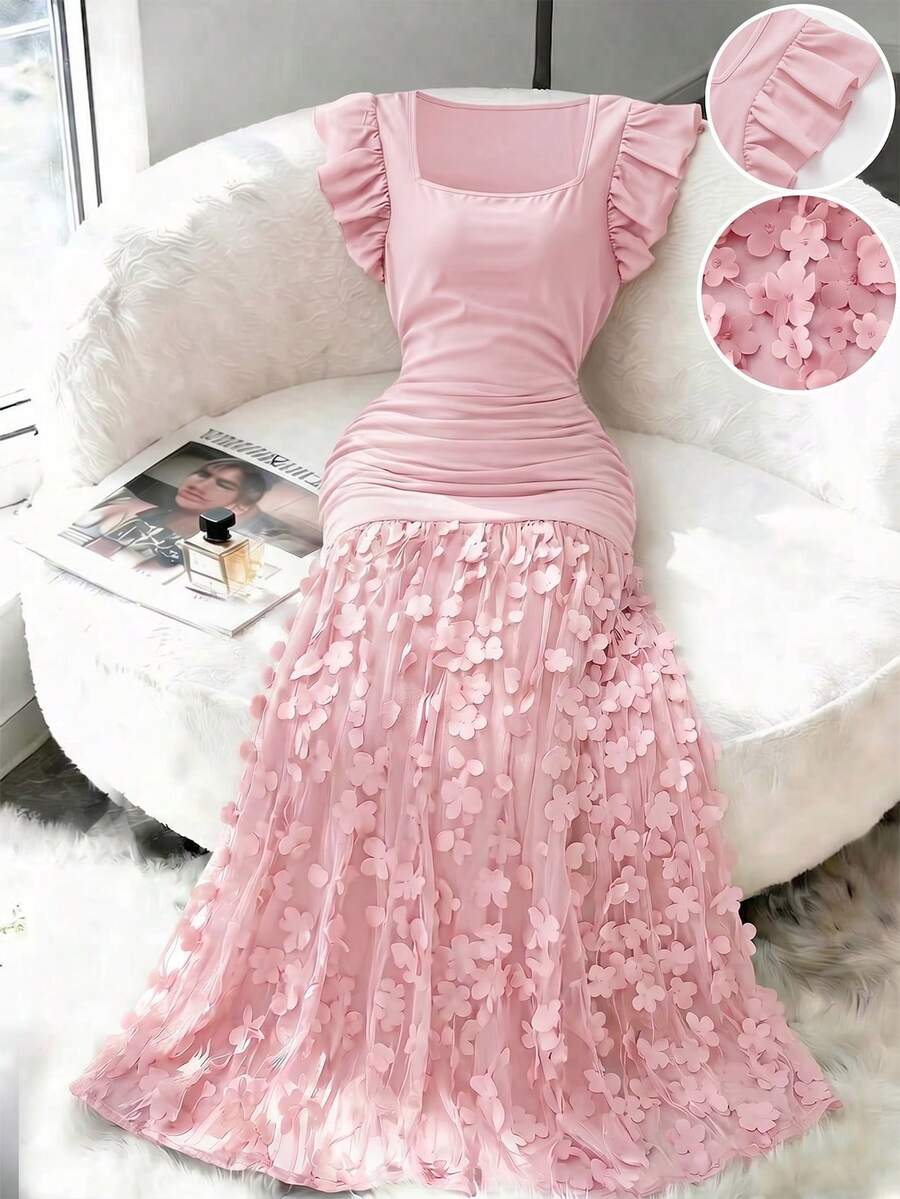 Franclia 女款春夏優雅精緻外出/約會洋裝,方領、荷葉袖、收腰、網格拼接、刺繡3D花卉下擺 - 粉色 - 查看 1