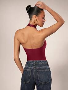 Hauture Women's Sexy Solid Color Backless Halter Neck Bodysuit For Summer - Red - View 2