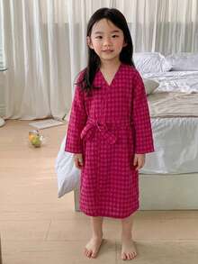 Dazy Kids 少女秋季居家服 柔軟舒適純棉印花面料荷葉邊領長袖洋裝 - 玫紅色 - 查看 2
