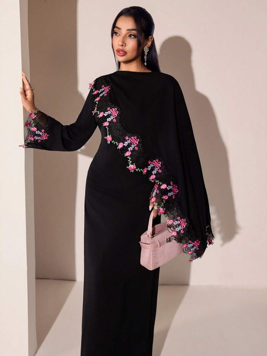 Veilorie Women's Elegant Floral Embroidery Contrast Lace Bell Sleeve Dress - Black - View 1