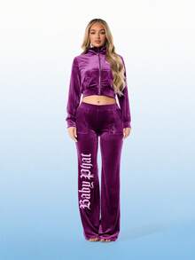 BABYPHAT Women Velour Wide Leg Joggers With Gothic Letter Print Side Pockets Casual Loose Fit Drawstring Sweatpants - Dusty Purple - View 4