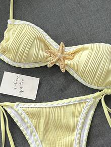Swim Basics Set Baju Renang Bikini Wanita Terbaru Musim Panas Warna Polos, Trim Metalik Laut, Kain Bertekstur, Desain Tepi Tenun, Set Bikini Seksi untuk Liburan Pantai - Kuning muda - View 5