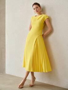 MOTF PREMIUM WOMEN'S ELEGANT COMMUTER SHORT SLEEVE PLEATED YELLOW MIDI DRESS FOR SPRING AND SUMMER - Yellow - View 7