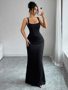 Selianne Đầm hè gợi cảm mới, đầm ôm sát màu đen cổ vuông kiểu Pháp, viền corset giả, dáng đuôi cá, chi tiết xếp ly ở eo, đầm dạ hội sang trọng cho đám cưới, kỳ nghỉ, hẹn hò, tiệc tùng, ngày Valentine. - màu đen - Xem 5