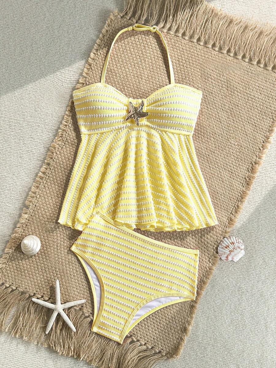 SHEIN Tween Girls Knit Striped Textured Pink Halter Neck Ruffle Swimsuit Set - Yellow - View 1