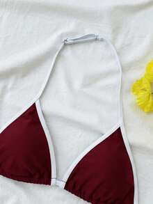 SHEIN 青少年女孩夏季新款海灘度假時尚甜美可愛撞色波點印花露背比基尼套裝 - 酒紅色 - 查看 3