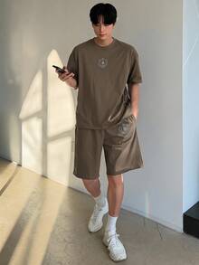 DAZY 夏季字母印花棕色短袖短褲T恤套裝 男款 - 棕色 - 查看 4