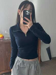 DAZY Solid Half Zip Crop Tee Long Sleeve Women Tops - Navy Blue - View 12