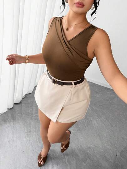 Elenzga Plus Size Women's Elegant Asymmetric Pleated Sleeveless Vest & A-Line Apricot Skort 2-Piece Set, Versatile Commuter Casual