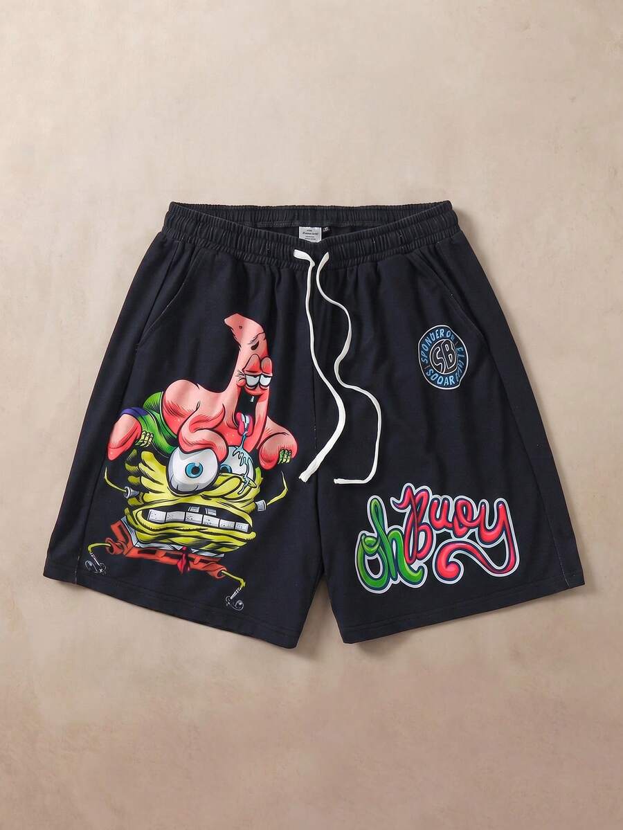 SpongeBob SquarePants | SHEIN 男士短褲 - 黑色 - 查看 1