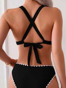 Bonvoyette Contrast Trim Two Pieces Swimsuit Set - Black - View 2