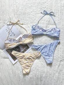 Swim Mod 2026SS 熱銷多色拼接折扣優惠藍黃碎花度假海灘休閒海邊女款泳衣套裝 - 彩色 - 查看 2