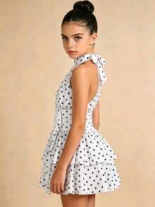 Tween Girl Polka Dot Pattern Fashion Classic Dress - Black and White - View 3