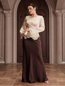 Graceveil Women's Round Neck Solid Color Lace Patchwork Slim Fit Elegant Blouse - Apricot - View 3