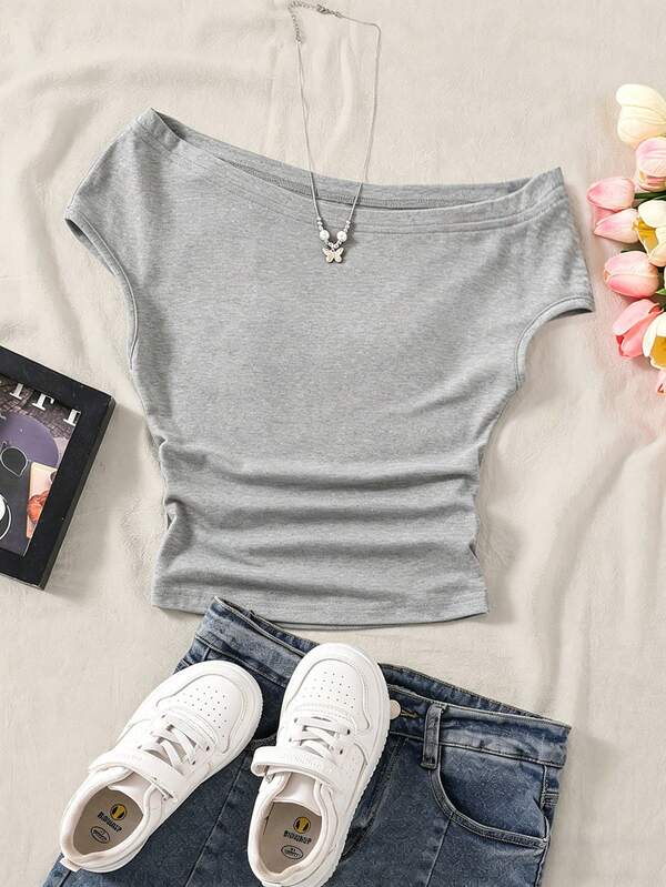 Camiseta gris de verano casual para niñas preadolescentes, hombros descubiertos, top sin mangas que realza la figura, tela de punto suave y elástica, estilo elegante