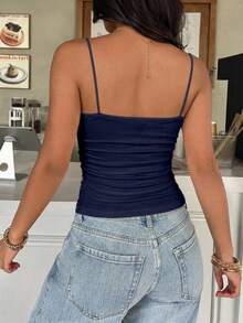 FavEase Casual Versatile Ruched Bust White Camisole Tank Top For Women - Navy Blue - View 2