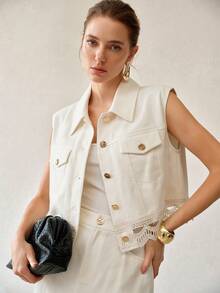 MOTF PREMIUM WOMEN'S SPRING/SUMMER PURE COTTON LACE TRIM PATCHWORK VEST JACKET - Beige - View 1