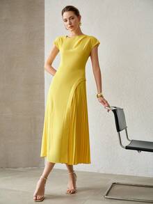MOTF PREMIUM WOMEN'S ELEGANT COMMUTER SHORT SLEEVE PLEATED YELLOW MIDI DRESS FOR SPRING AND SUMMER - Yellow - View 1