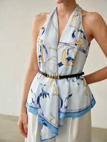 MOTF PREMIUM SPRING/SUMMER ELEGANT SILK SCARF PRINT BELTED HALTER TOP - Multicolor - View 3