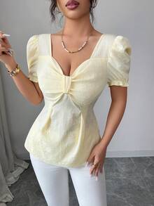 SHEIN Clasi 女士时尚方领扭腰修身短袖荷叶边下摆浪漫优雅休闲通勤约会度假海滩派对晚宴衬衫，浅黄色，春夏款 - 黃色 - 查看 7