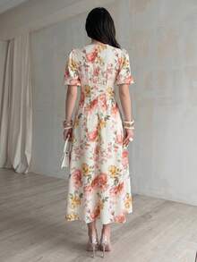Modelyn Cream Floral Print Puff Sleeve Midi Dress Round Neck With Button Placket Romantic Cottagecore Chic Summer Garden Parties & Picnic Dates Floral Dress - Multicolor - View 3