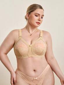 Hourtrue Plus Size Women Lightweight Daily Bra, Full Coverage Lace Wireless Breathable Seamless Bra, Lift & Support - Beige - View 4