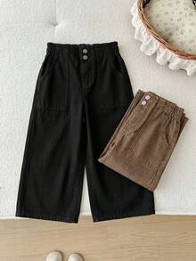 SHEIN 兒童女孩 2件組休閒柔軟寬鬆黑色與棕色牛仔褲，秋冬返校兩件套 - 彩色 - 查看 5