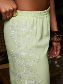 NYA SZN Anika Pant Monstera Plant Floral Linen Look Elastic Waistband Comfortable Embroidered Brunch Casual Vacation Date Night Summer Outfits For Women - Green - View 4