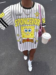SpongeBob SquarePants | SHEIN 女款卡通圖案條紋短袖圓領T恤 - 白色 - 查看 5