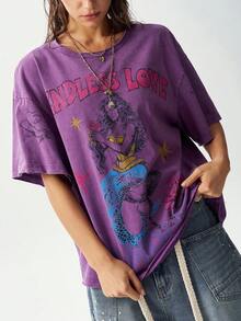Bohemela Casual Solid Color Knit Round Neck Short Sleeve Loose Fit Women's T-Shirt - Purple - View 1