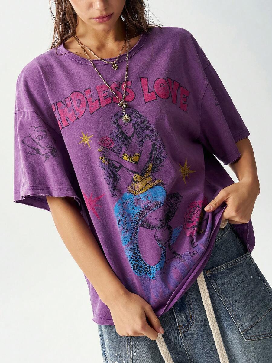 Bohemela Casual Solid Color Knit Round Neck Short Sleeve Loose Fit Women's T-Shirt - Purple - View 1