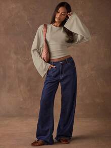 SHEIN BAE 女款極簡純色圓領修身喇叭袖上衣 - 卡其色 - 查看 7