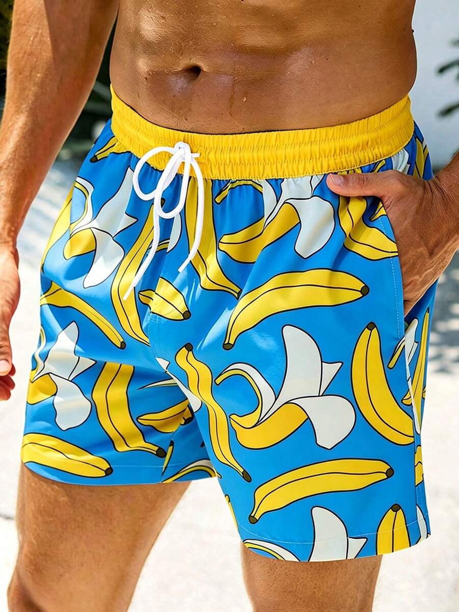 Manfinity Swimmode Celana Pendek Pantai Pria Motif Pisang untuk Liburan Musim Panas / Pantai / Hawaii / Tropis / Berenang / Mandi - Royal Blue - View 1