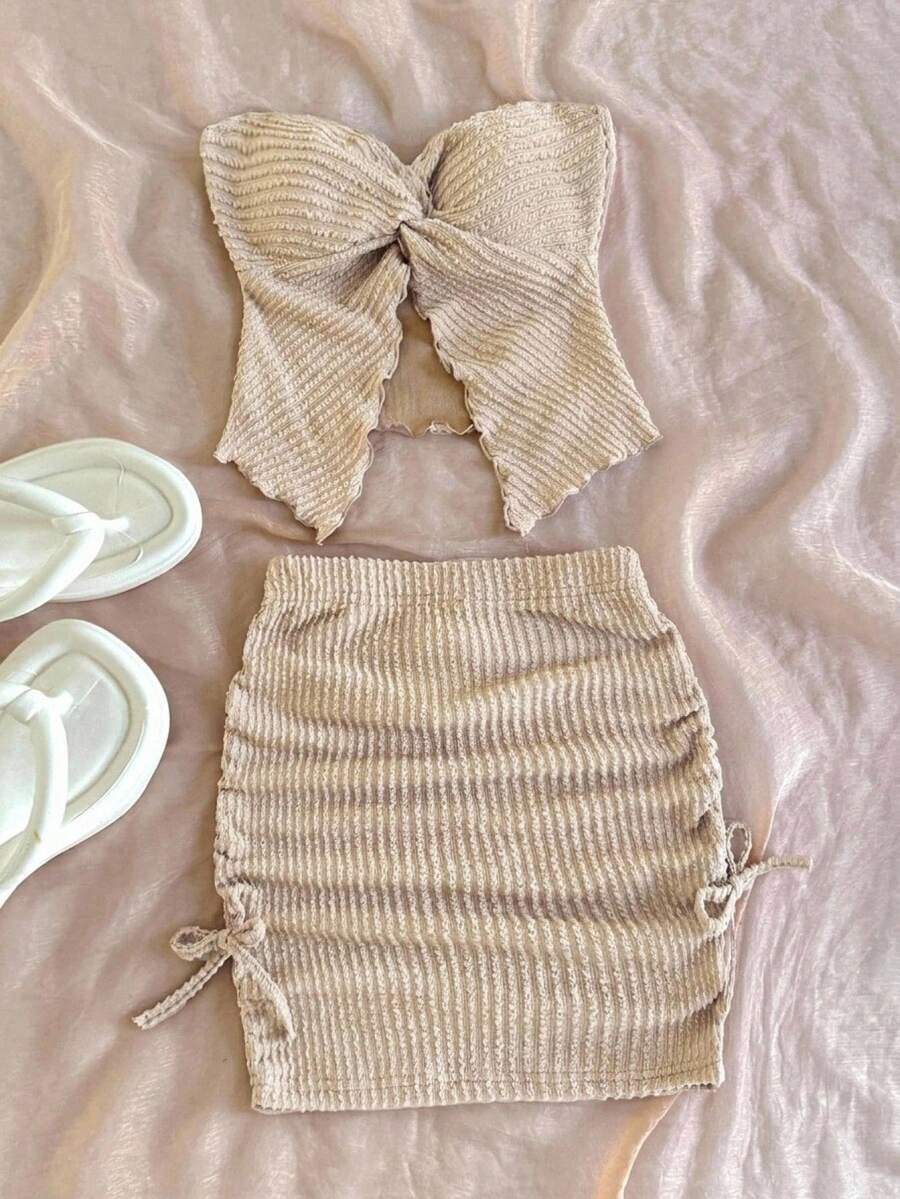 SHEIN Setelan 2 Potong untuk Remaja Perempuan: Atasan Tank Top dan Rok dengan Desain Longgar, Kasual, Minimalis, dan Nyaman dengan Hem Asimetris. - Khaki - View 1