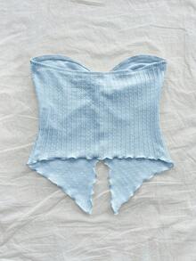 SHEIN PETITE 女款鵝黃色針織紋理抹胸上衣，前中打結開衩波浪邊修身款，適合下午茶、街頭、度假、秋冬穿著，可內搭或外穿，派對穿搭，適合嬌小女性 - 淺藍色 - 查看 9