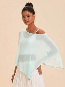 Travachic Women's Spring/Summer Asymmetrical Cape Shawl Loose Lazy Semi-Sheer Knit Top - Green - View 8