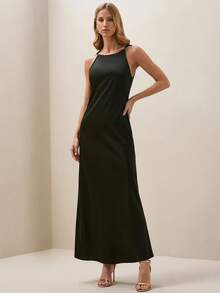 Briarwyn Summer Women's Satin Solid Color Backless Embroidered Lace Hollow Design Slip Dress, Beach Date Night Dress, Wedding Guest Dress, Elegant Dresses - Black - View 4
