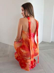Opulessa Knitted Mesh Print Bandeau Slim Fit Dress For Women - Burnt Orange - View 7