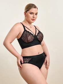 Hourtrue Plus Size Sexy Lace Underwire Bra Set - Black - View 5