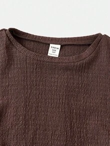 SHEIN Tween Girl 舒适咖啡棕色圆领短袖 T 恤和喇叭裤 2 件套，适合日常休闲穿着 - 咖啡棕 - 查看 5