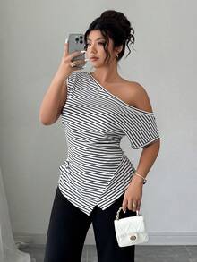 SHEIN Clasi Women's Plus Size Summer 1pc One Shoulder White Cinched Waist Asymmetrical Hem Slimming Minimalist Elegant Sexy Style Commute Date Wedding Sleeveless - Black and White - View 4