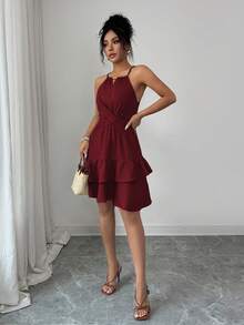 Elenzga Gaun Mini Wanita Musim Semi/Panas Elegan Berwarna Khaki dengan Hiasan Manik-manik dan Gesper, Tanpa Lengan, Desain Pita dan Gesper, Pas Badan, dan Model Mengembang - Burgundy - View 7