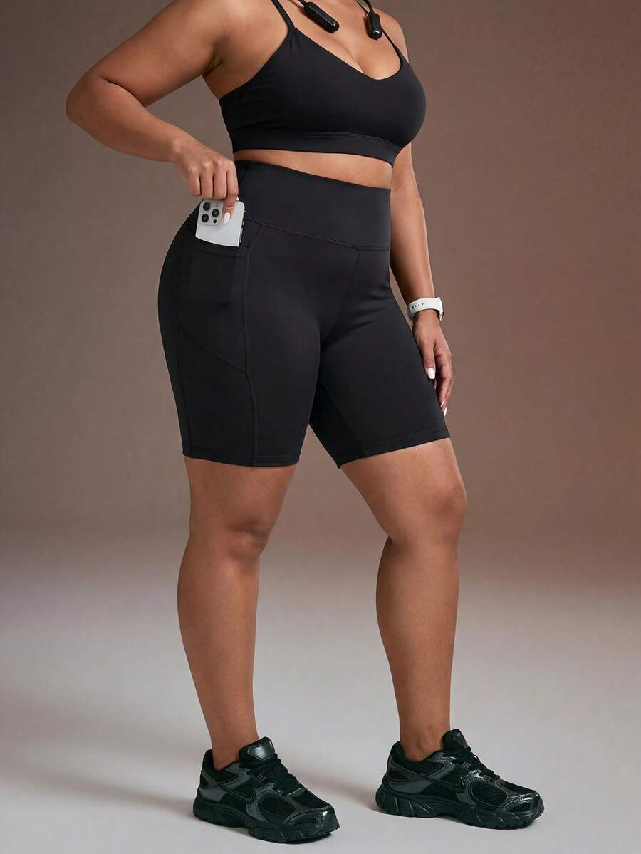 Powerista Women's Plus Size Solid Color High Waist Slim Fit Sports Shorts - Black - View 1