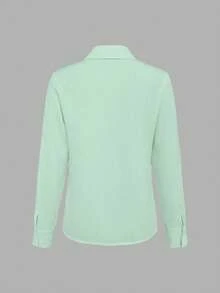 SHEIN Holidaya 女款素色休閒單排扣長袖襯衫 商務辦公 - 綠色 - 查看 2