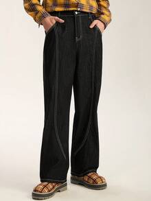Limitiso Men's Casual Fashion Street Contrast Stitch Loose Wide-Leg Jeans, Belt Not Included, Grunge - Black - View 3